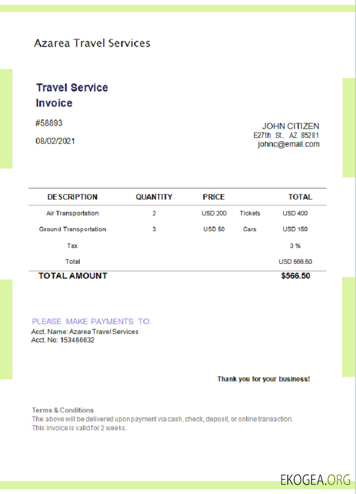 Facture d'Azarea Travel Services aux États , Unis